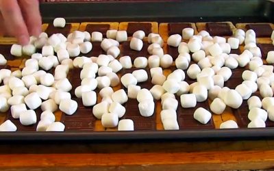 She Puts A Bunch Of Marshmallows On a Pan. When She Takes It Out Of The Oven YUM!