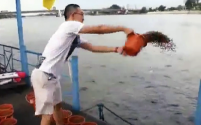 He Starts Throwing Buckets Of Food Into The Water. Seconds Later The Most Unexpected Surprise!